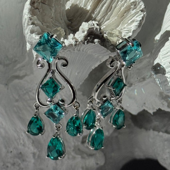 Shiny 925 Sterling Silver Aquamarine & Emerald Earrings
