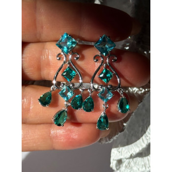 Shiny 925 Sterling Silver Aquamarine & Emerald Earrings