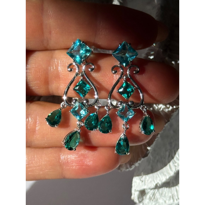 Shiny 925 Sterling Silver Aquamarine & Emerald Earrings