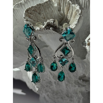 Shiny 925 Sterling Silver Aquamarine & Emerald Earrings