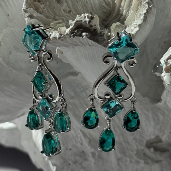 Shiny 925 Sterling Silver Aquamarine & Emerald Earrings