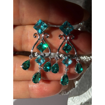 Shiny 925 Sterling Silver Aquamarine & Emerald Earrings