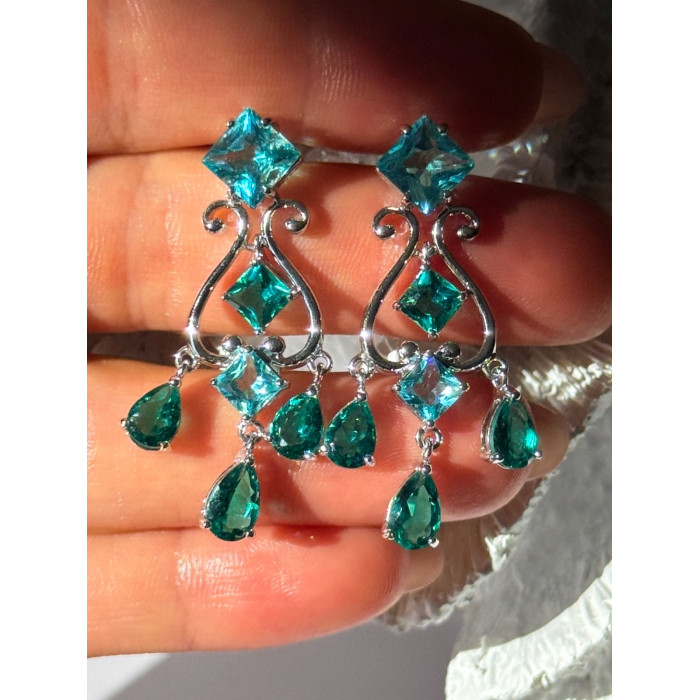 Shiny 925 Sterling Silver Aquamarine & Emerald Earrings