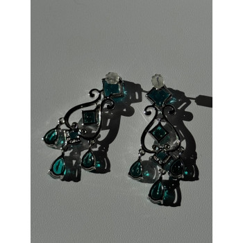Shiny 925 Sterling Silver Aquamarine & Emerald Earrings