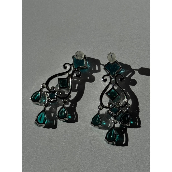 Shiny 925 Sterling Silver Aquamarine & Emerald Earrings