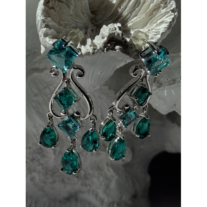 Shiny 925 Sterling Silver Aquamarine & Emerald Earrings