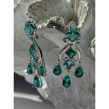 Shiny 925 Sterling Silver Aquamarine & Emerald Earrings