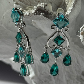 Shiny 925 Sterling Silver Aquamarine & Emerald Earrings