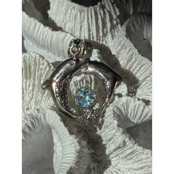 925 Sterling Silver Dolphins Topaz Pendant