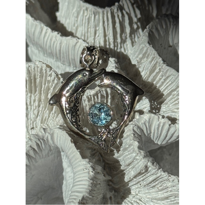 925 Sterling Silver Dolphins Topaz Pendant