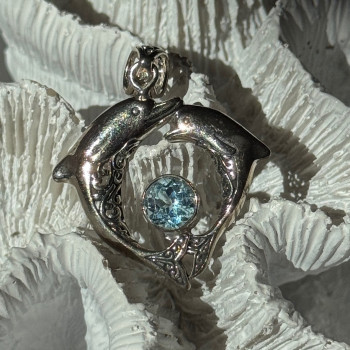 925 Sterling Silver Dolphins Topaz Pendant