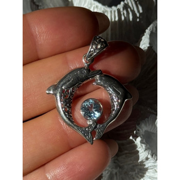 925 Sterling Silver Dolphins Topaz Pendant