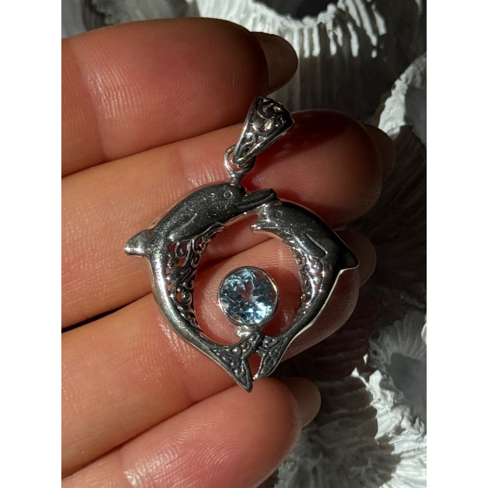925 Sterling Silver Dolphins Topaz Pendant