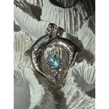 925 Sterling Silver Dolphins Topaz Pendant