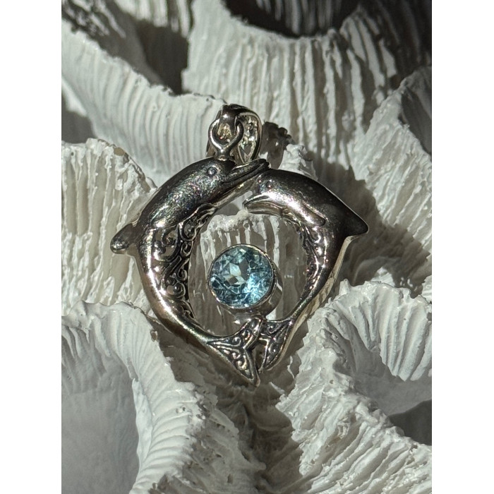925 Sterling Silver Dolphins Topaz Pendant