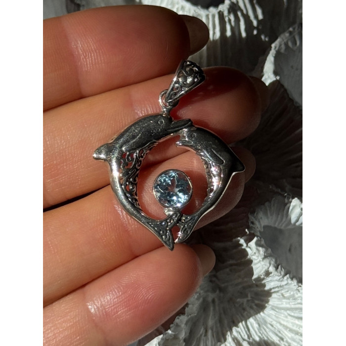 925 Sterling Silver Dolphins Topaz Pendant