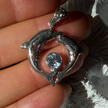 925 Sterling Silver Dolphins Topaz Pendant
