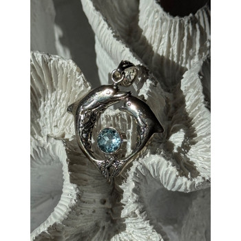 925 Sterling Silver Dolphins Topaz Pendant