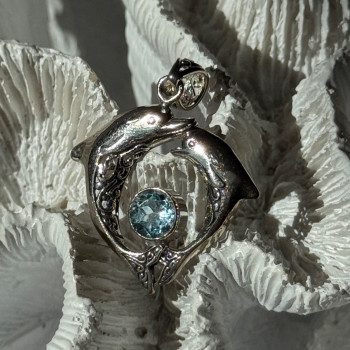 925 Sterling Silver Dolphins Topaz Pendant