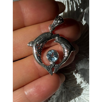 925 Sterling Silver Dolphins Topaz Pendant