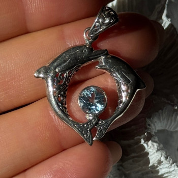 925 Sterling Silver Dolphins Topaz Pendant