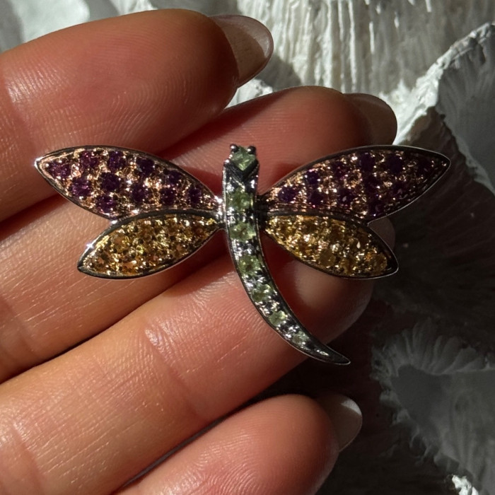 925 Sterling Silver Dragonfly Spinel Brooch