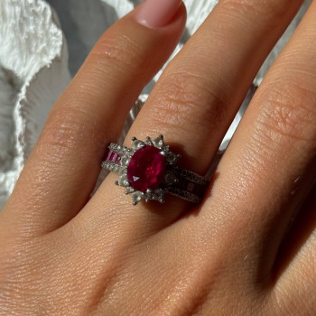 925 Sterling Silver Ruby & Beryl Flower Ring Size 7