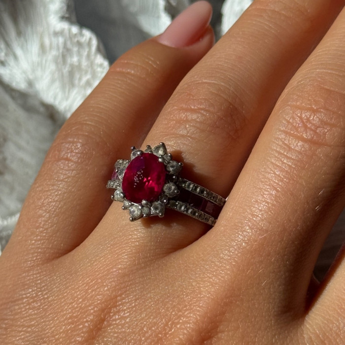 925 Sterling Silver Ruby & Beryl Flower Ring Size 7