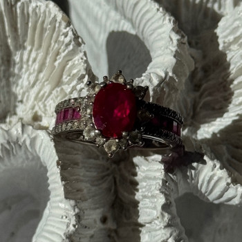 925 Sterling Silver Ruby & Beryl Flower Ring Size 7