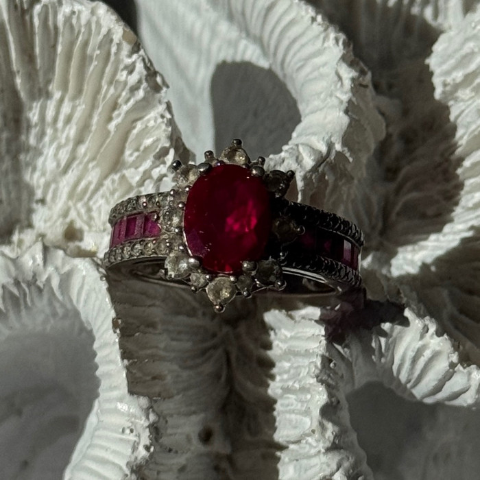 925 Sterling Silver Ruby & Beryl Flower Ring Size 7