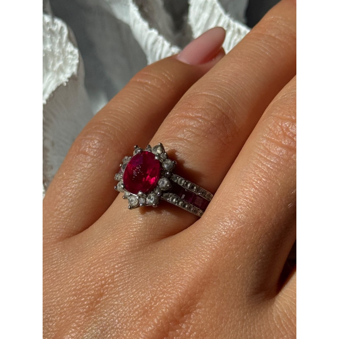 925 Sterling Silver Ruby & Beryl Flower Ring Size 7