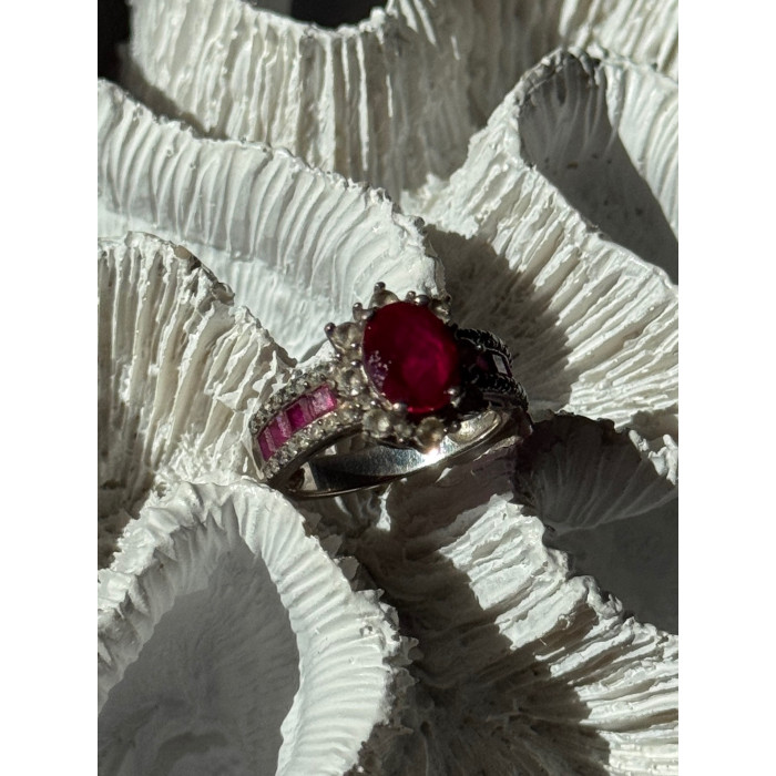 925 Sterling Silver Ruby & Beryl Flower Ring Size 7