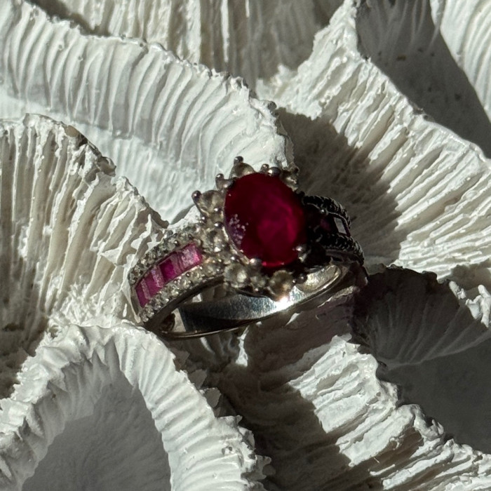 925 Sterling Silver Ruby & Beryl Flower Ring Size 7