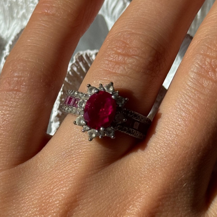 925 Sterling Silver Ruby & Beryl Flower Ring Size 7