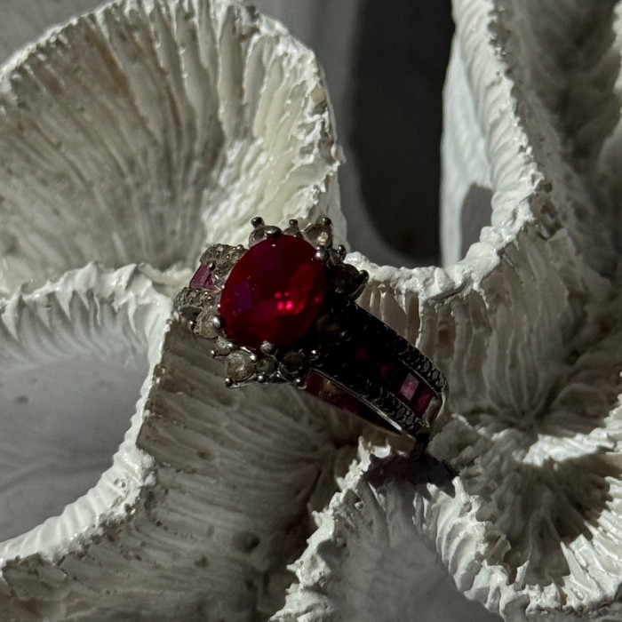 925 Sterling Silver Ruby & Beryl Flower Ring Size 7