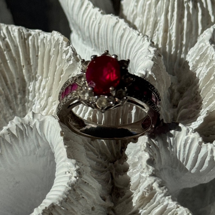925 Sterling Silver Ruby & Beryl Flower Ring Size 7