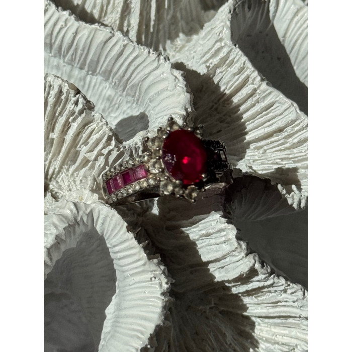 925 Sterling Silver Ruby & Beryl Flower Ring Size 7