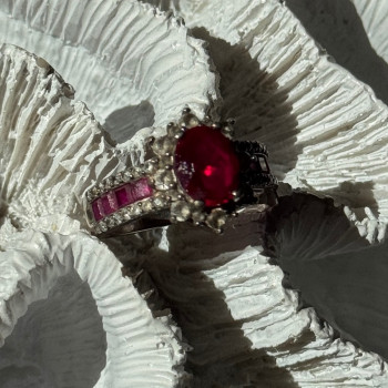 925 Sterling Silver Ruby & Beryl Flower Ring Size 7