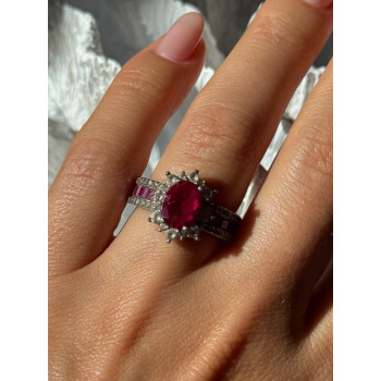925 Sterling Silver Ruby & Beryl Flower Ring Size 7