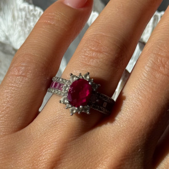 925 Sterling Silver Ruby & Beryl Flower Ring Size 7