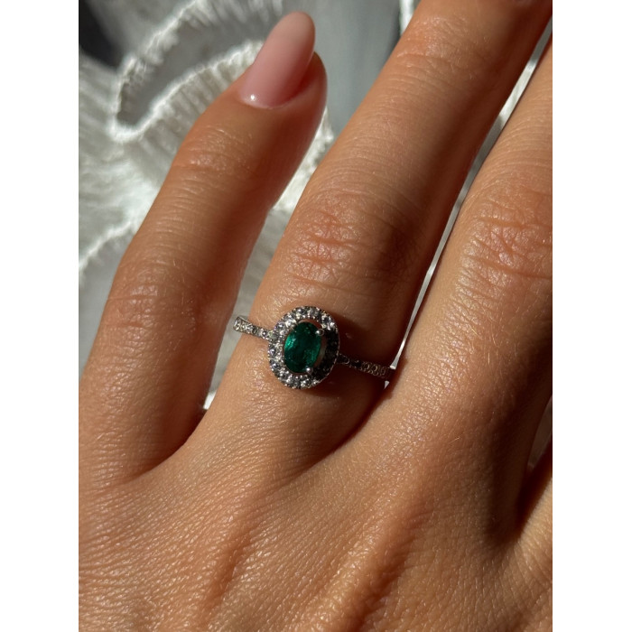 925 Sterling Silver Emerald & Diamond Ring Size 6.5