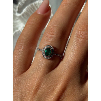925 Sterling Silver Emerald & Diamond Ring Size 6.5
