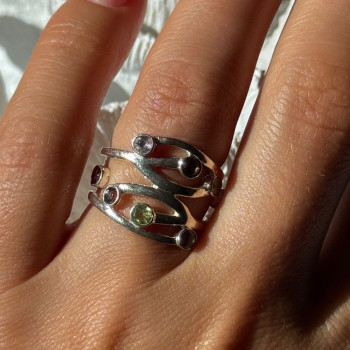 925 Sterling Silver Multi Color Tourmaline Ring Size 6.5