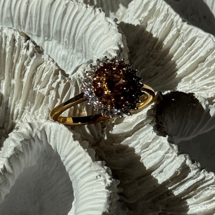 D'Joy 925 Sterling Silver Gold Plated Brown & White Spinel Ring Size 9