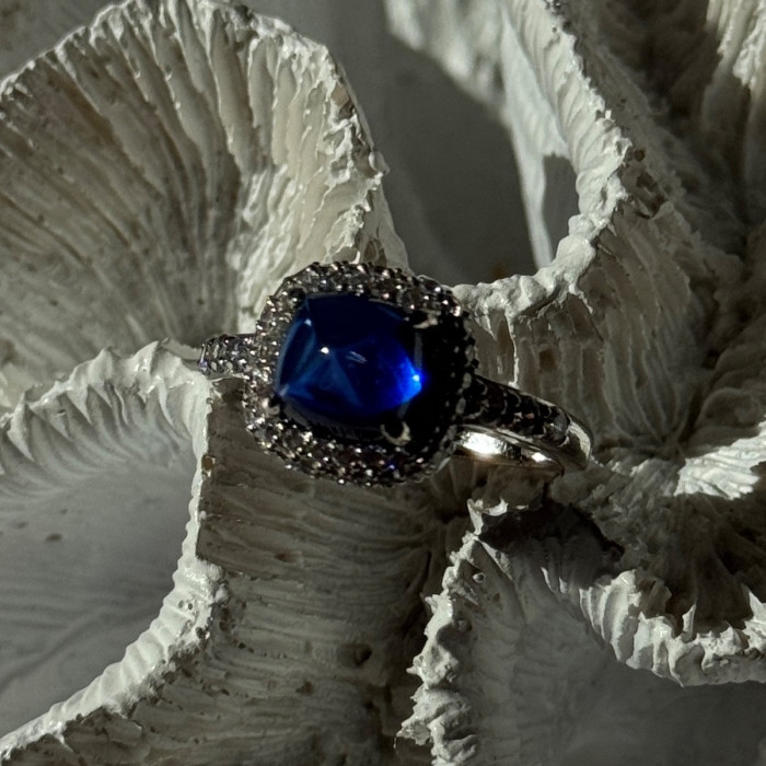 925 Sterling Silver Blue Sapphire & Cz Ring Size 11