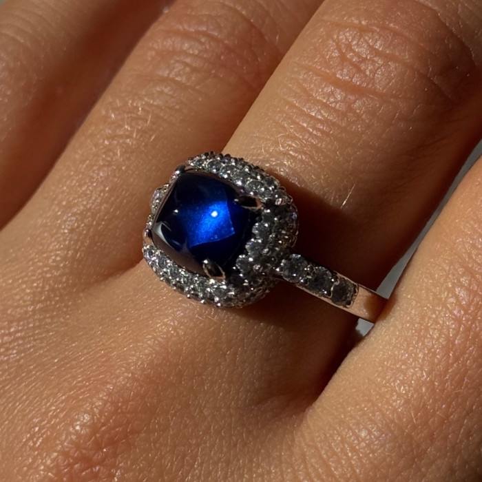 925 Sterling Silver Blue Sapphire & Cz Ring Size 11