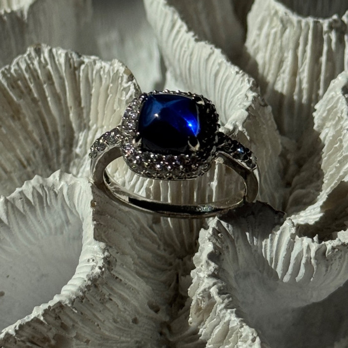 925 Sterling Silver Blue Sapphire & Cz Ring Size 11