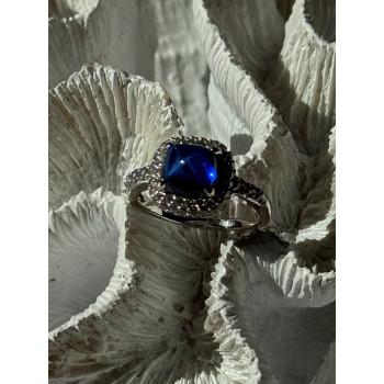 925 Sterling Silver Blue Sapphire & Cz Ring Size 11