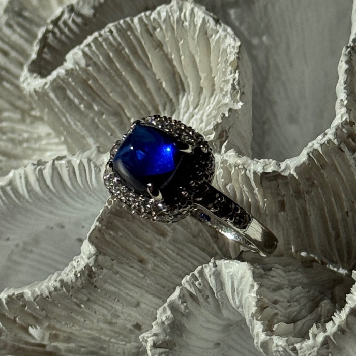 925 Sterling Silver Blue Sapphire & Cz Ring Size 11