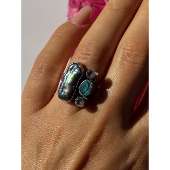 925 Sterling Silver Abalone Amethyst Aquamarine Ring Size 6